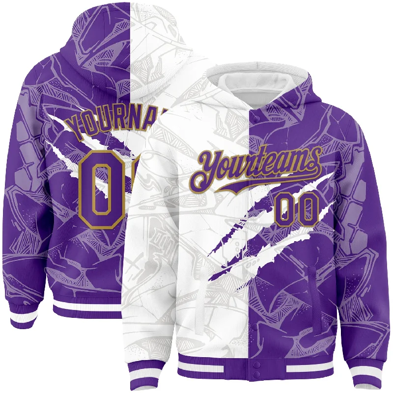 Fashionable Hoodie for Going Out-Custom Graffiti Pattern Purple-Old Gold Scratch 3D Bomber Full-Snap Varsity Letterman Hoodie Jacket