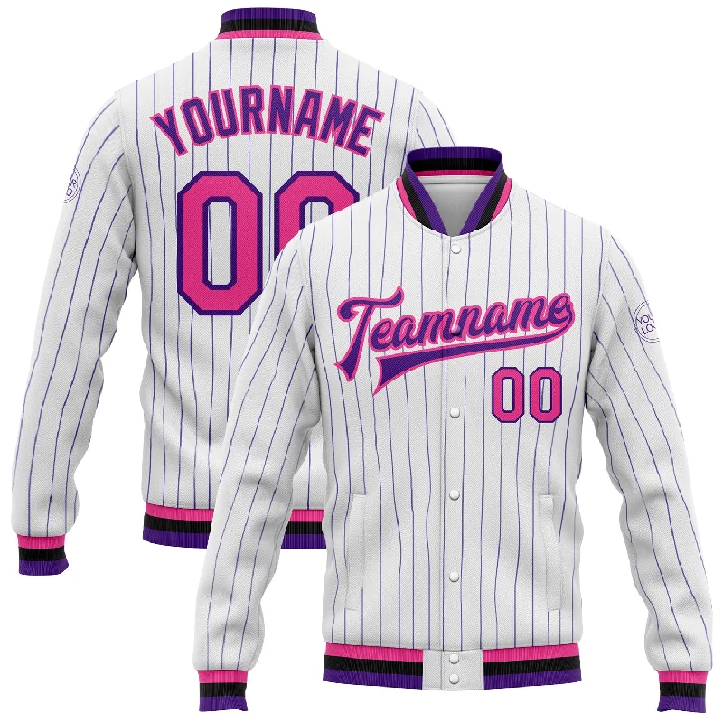 Lightweight Windbreaker Jacket for Outdoor Fun-Custom White Purple Pinstripe Pink-Black Bomber Full-Snap Varsity Letterman Jacket