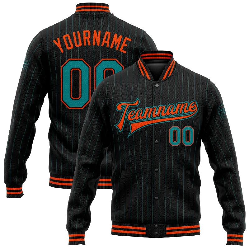 Soft Hoodie Jacket for Casual Comfort-Custom Black Teal Pinstripe Orange Bomber Full-Snap Varsity Letterman Jacket