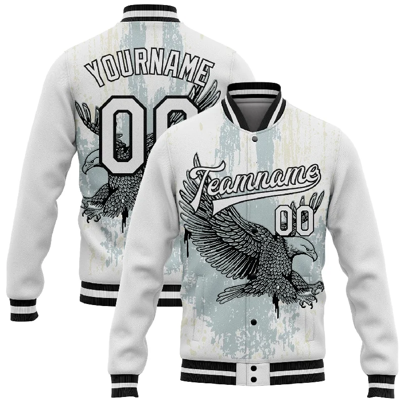 Reversible Jacket for Versatile Outfits-Custom White Black Eagle 3D Pattern Design Bomber Full-Snap Varsity Letterman Jacket