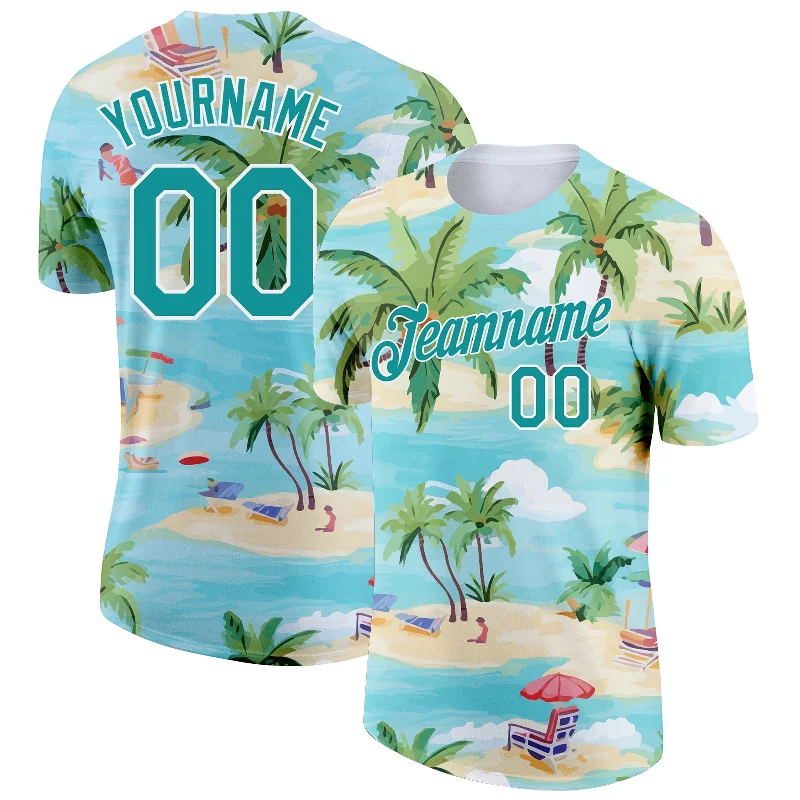 Lightweight Jersey T-Shirt for Summer Outfits-Custom Lakes Blue Teal-White 3D Pattern Design Beach Hawaii Palm Trees Performance T-Shirt