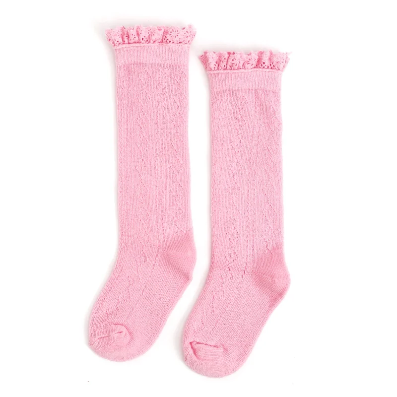 Cushioned Hiking Socks for Long Trails-Blossom Fancy Lace Top Knee High Socks