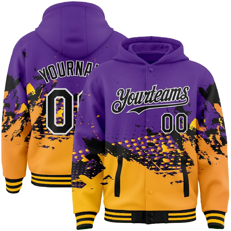 Streetwear Hoodie for Urban Looks-Custom Purple Gold-Black Abstract Splash Grunge Art 3D Pattern Design Bomber Full-Snap Varsity Letterman Hoodie Jacket