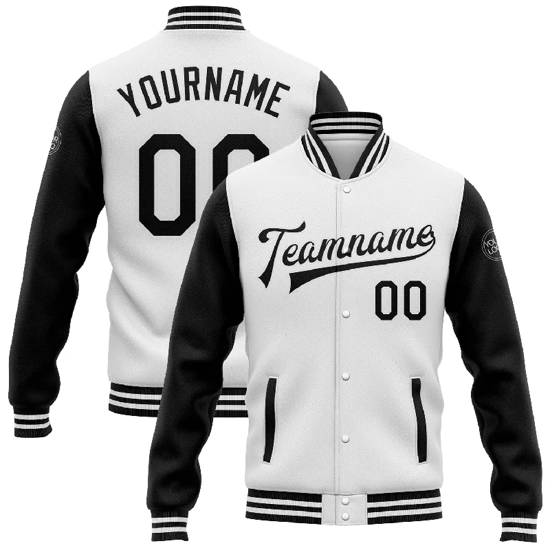 Trendy Camouflage Jacket for Casual Vibes-Custom White Black Bomber Full-Snap Varsity Letterman Two Tone Jacket