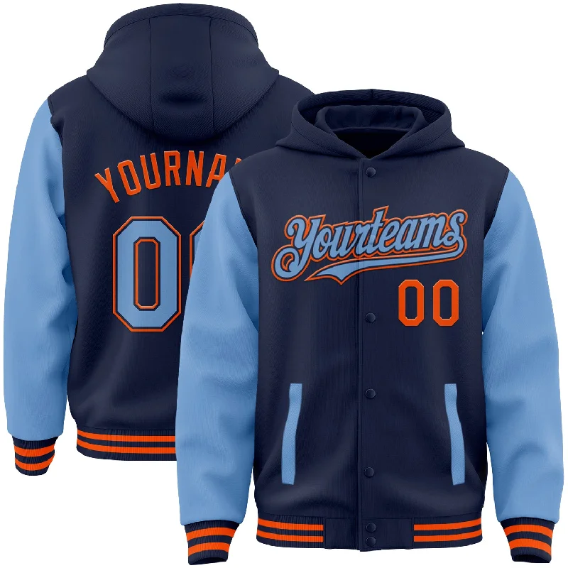 Soft Sherpa Hoodie for Ultimate Warmth-Custom Navy Light Blue-Orange Bomber Full-Snap Varsity Letterman Two Tone Hoodie Jacket