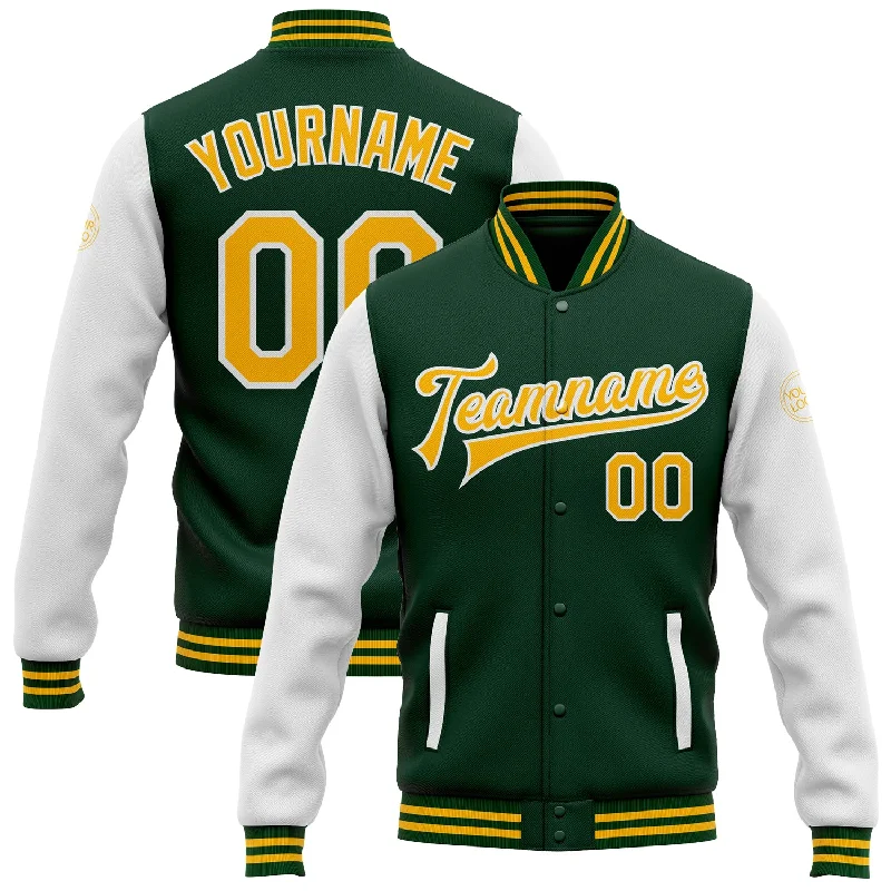 Warm Waterproof Jacket for Stormy Conditions-Custom Green Gold-White Bomber Full-Snap Varsity Letterman Two Tone Jacket