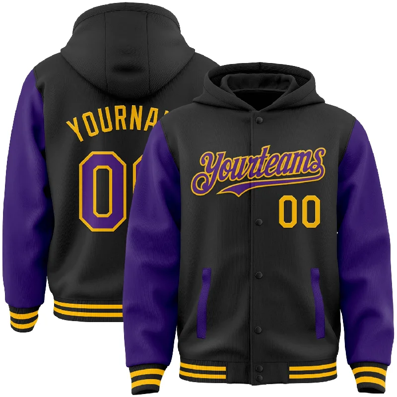 Comfortable Hoodie for Loungewear-Custom Black Purple-Gold Bomber Full-Snap Varsity Letterman Two Tone Hoodie Jacket