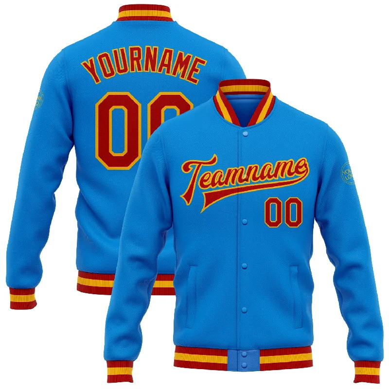 Trendy Fleece Jacket for Winter Outfits-Custom Powder Blue Red-Gold Bomber Full-Snap Varsity Letterman Jacket