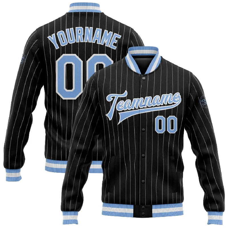 Warm Cashmere Coat Jacket for Luxurious Comfort-Custom Black White Pinstripe Light Blue Bomber Full-Snap Varsity Letterman Jacket