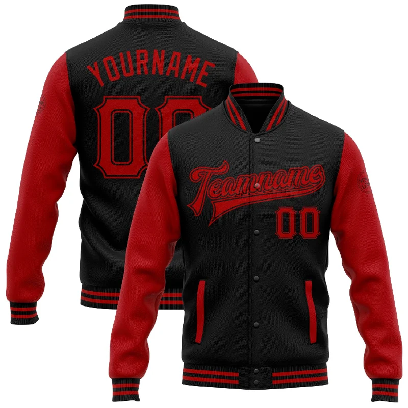 Trendy Shacket Jacket for Fashion Layering-Custom Black Red Bomber Full-Snap Varsity Letterman Two Tone Jacket