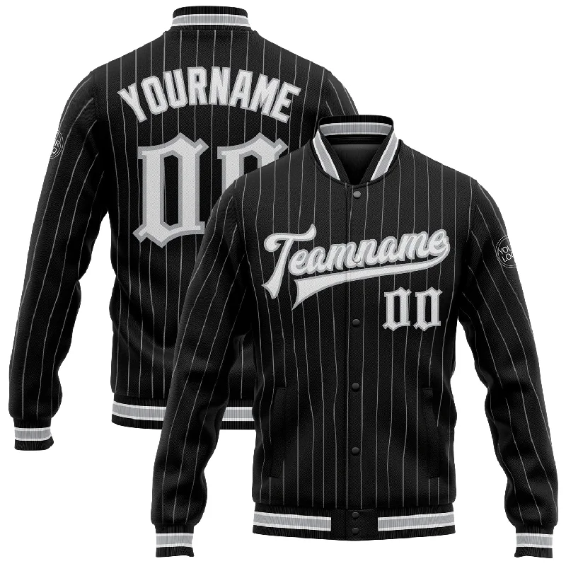 Performance Winter Jacket for Active Outdoors-Custom Black Gray Pinstripe White Bomber Full-Snap Varsity Letterman Jacket