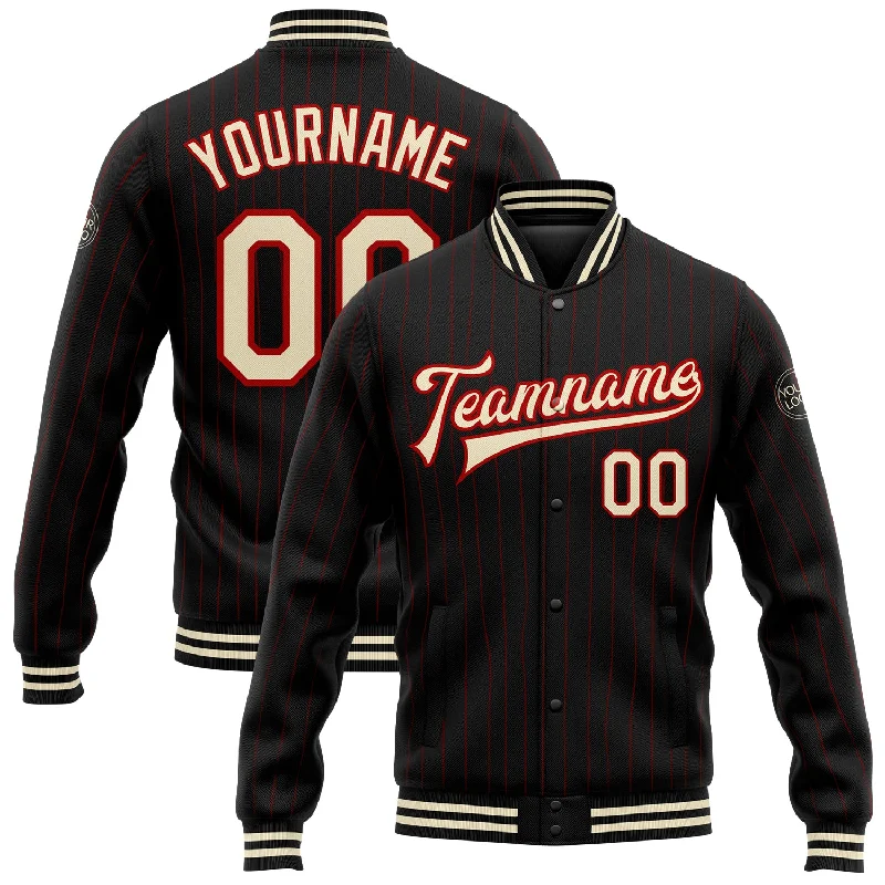 Warm Puffer Jacket for Winter Comfort-Custom Black Red Pinstripe Cream Bomber Full-Snap Varsity Letterman Jacket