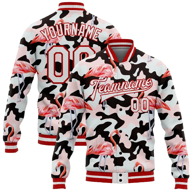 Sleek Performance Jacket for Active Lifestyles-Custom Camo White-Red Flamingo 3D Pattern Design Bomber Full-Snap Varsity Letterman Salute To Service Jacket