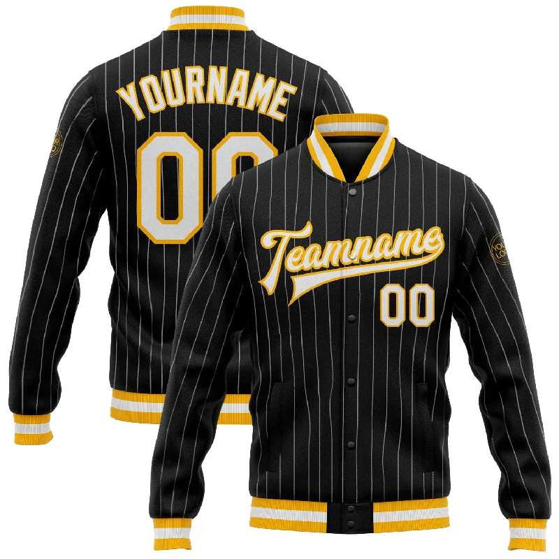 Modern Utility Jacket for Everyday Wear-Custom Black White Pinstripe Gold Bomber Full-Snap Varsity Letterman Jacket