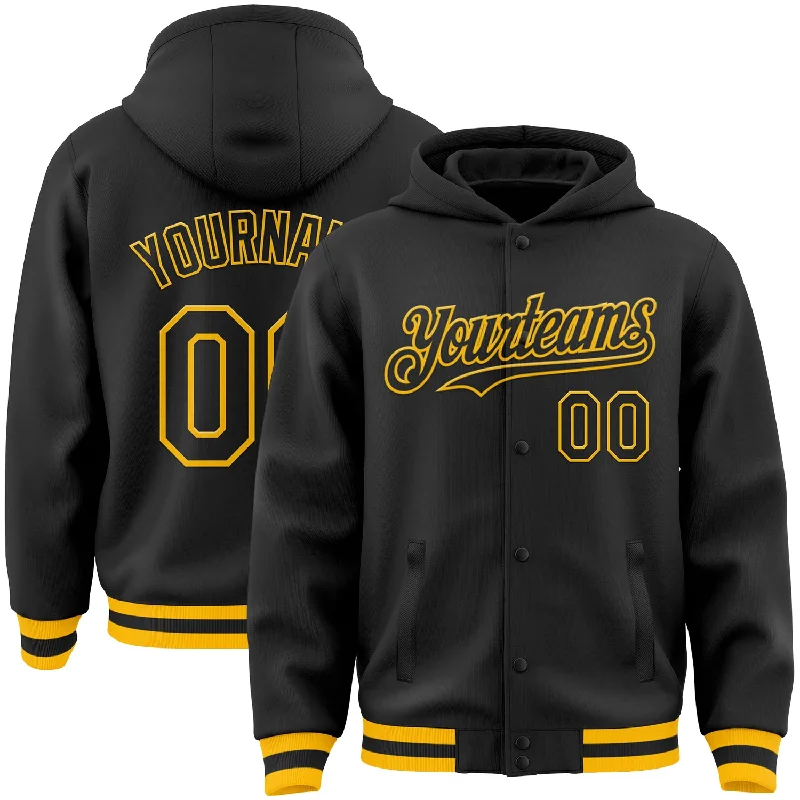 Warm Fleece Hoodie for Chilly Days-Custom Black Gold Bomber Full-Snap Varsity Letterman Hoodie Jacket