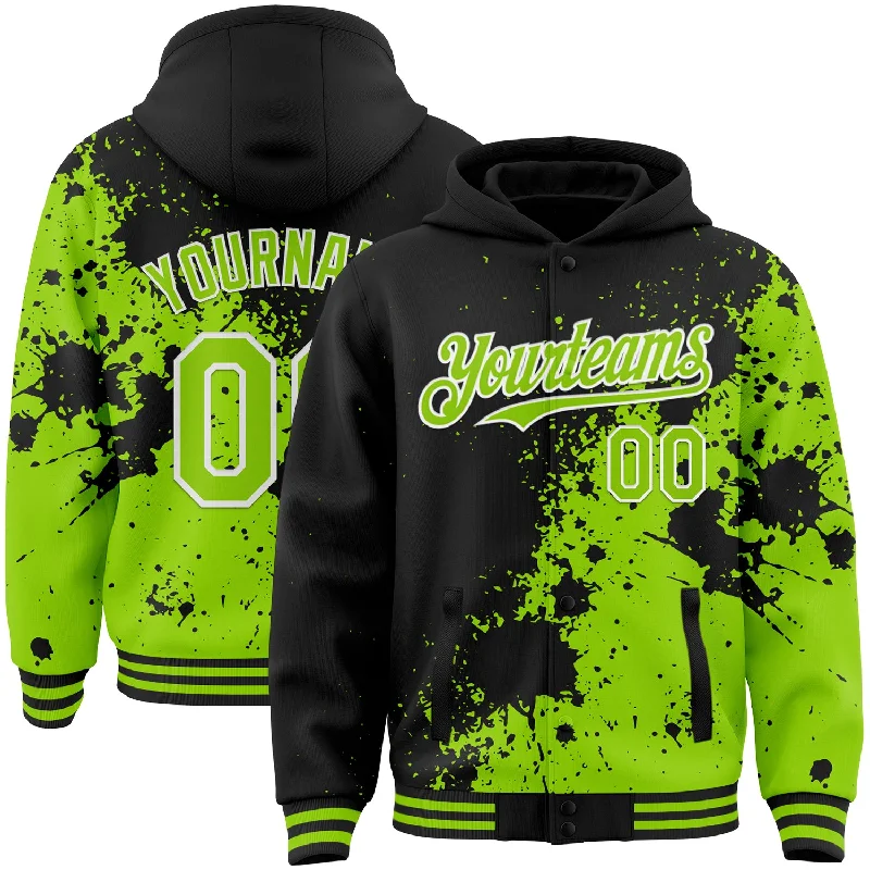 Performance Hoodie for Sports and Workouts-Custom Black Neon Green-White Abstract Splash Grunge Art 3D Pattern Design Bomber Full-Snap Varsity Letterman Hoodie Jacket