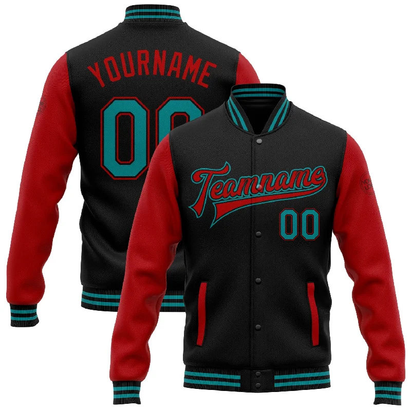 Stylish Faux Fur Jacket for Cold Weather Fashion-Custom Black Teal-Red Bomber Full-Snap Varsity Letterman Two Tone Jacket