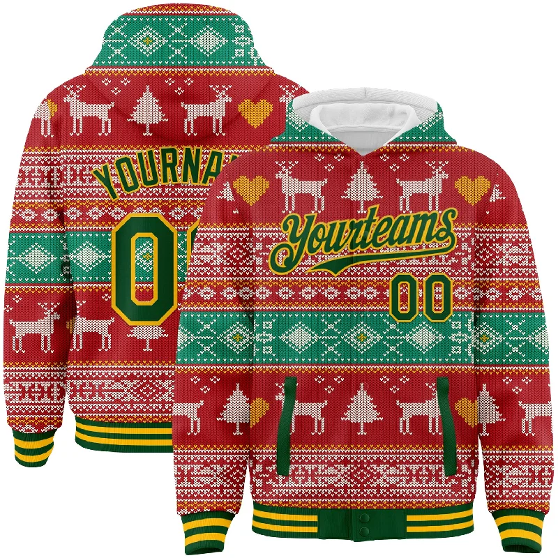 Soft Hoodie for Post-Workout Relaxation-Custom Red Green-Gold Christmas Reindeers 3D Bomber Full-Snap Varsity Letterman Hoodie Jacket