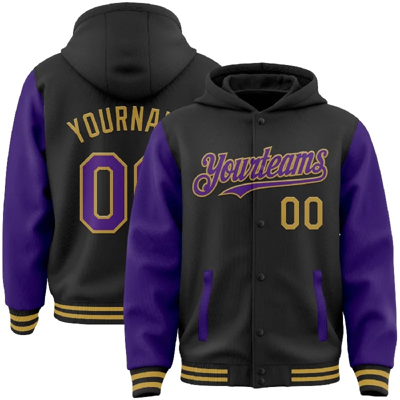 Stylish Zip-Up Hoodie for Trendy Outfits-Custom Black Purple-Old Gold Bomber Full-Snap Varsity Letterman Two Tone Hoodie Jacket