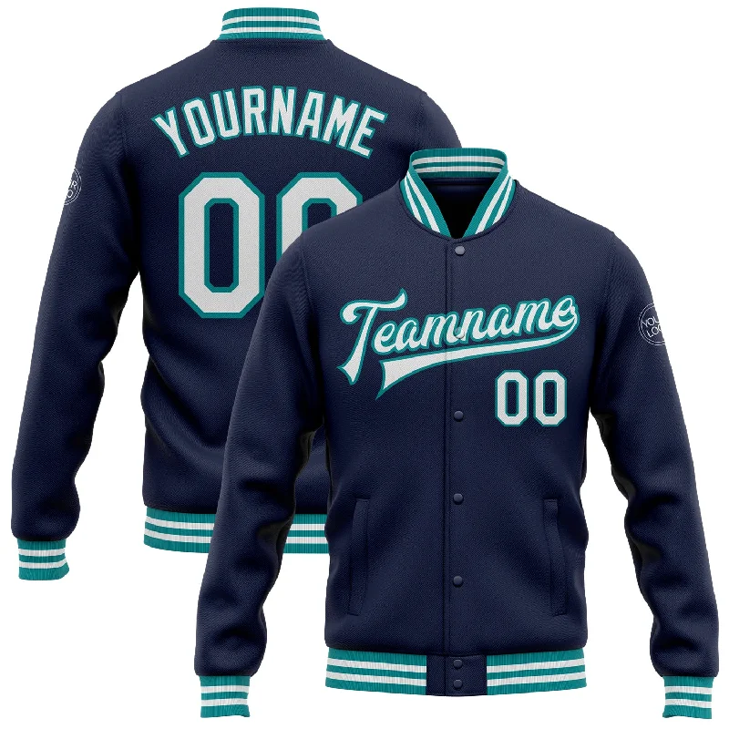 Fashionable Fleece-Lined Zip Jacket for Cold Days-Custom Navy White-Teal Bomber Full-Snap Varsity Letterman Jacket