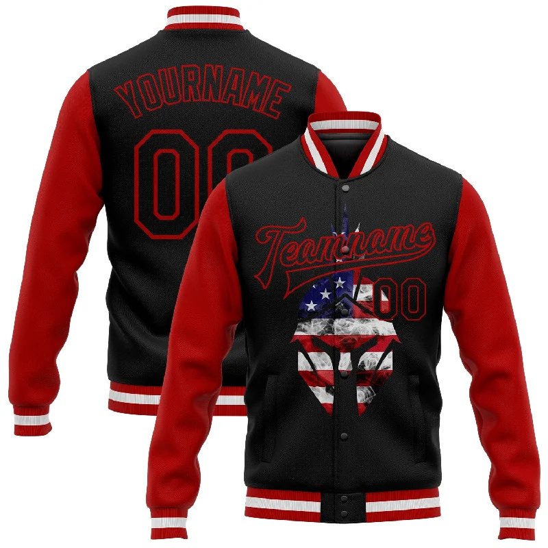 Modern Utility Jacket for Everyday Wear-Custom Black Red Spartan Logo With USA Flag 3D Pattern Design Bomber Full-Snap Varsity Letterman Two Tone Jacket