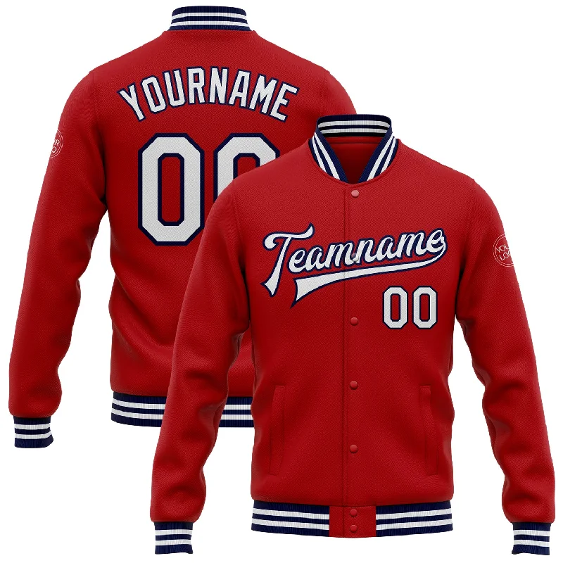 Lightweight Soft Shell Jacket for Hiking-Custom Red White-Navy Bomber Full-Snap Varsity Letterman Jacket