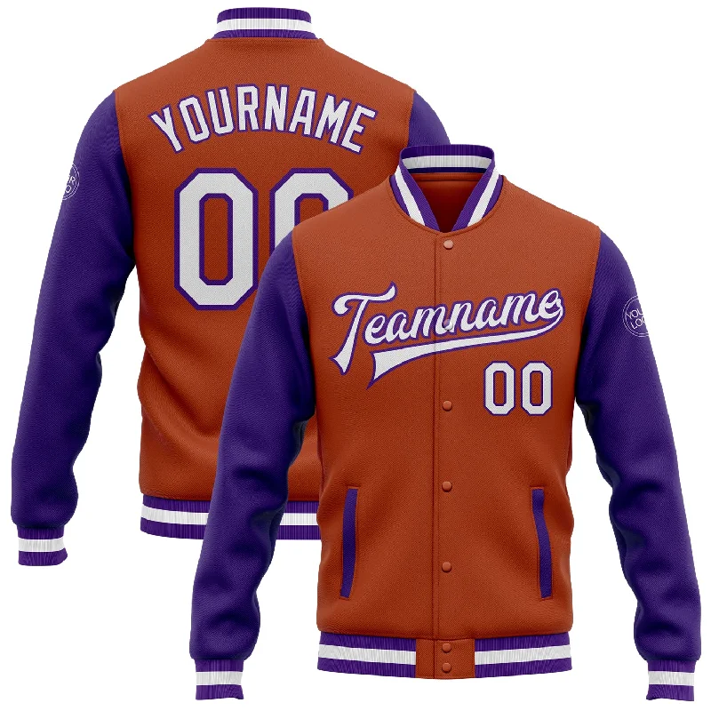 Customizable Sports Jacket for Team Wear-Custom Texas Orange White-Purple Bomber Full-Snap Varsity Letterman Two Tone Jacket