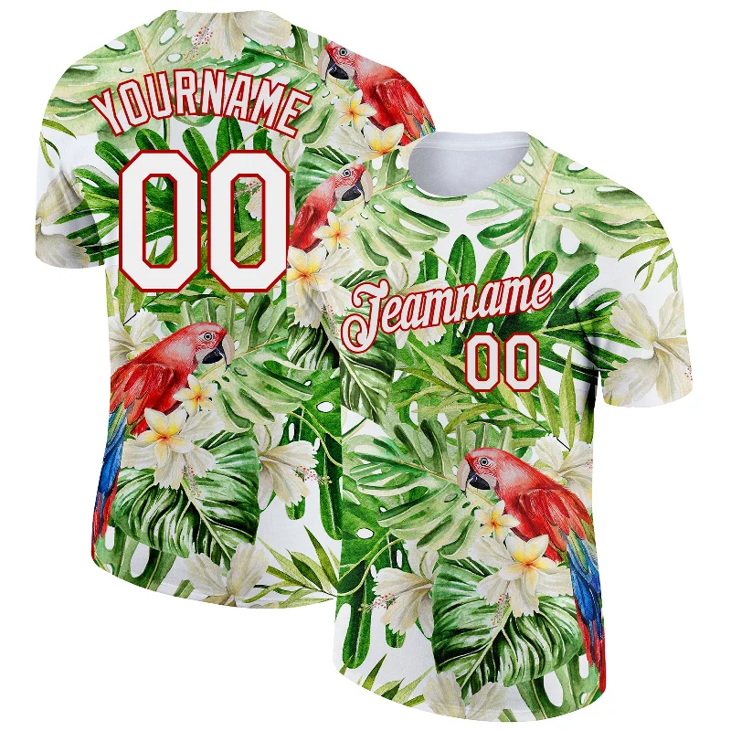 Lightweight T-Shirt for Warm Weather-Custom White Red 3D Pattern Design Tropical Hawaii Plant With Bird Performance T-Shirt