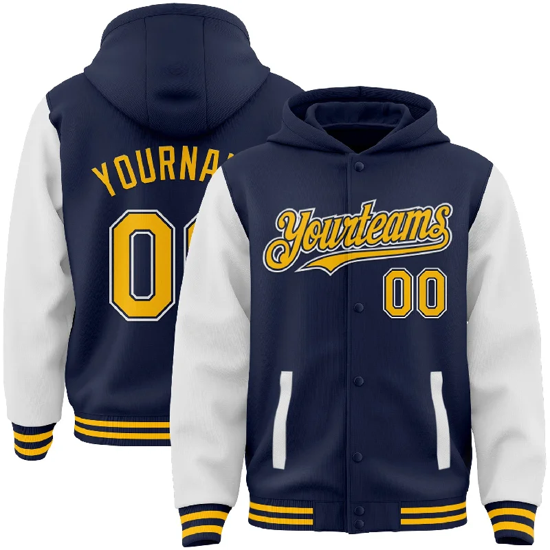 Warm Hoodie for Cold Mornings-Custom Navy Gold-White Bomber Full-Snap Varsity Letterman Two Tone Hoodie Jacket