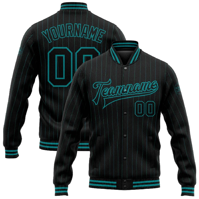 Padded Ski Jacket for High-Performance Winter Sports-Custom Black Teal Pinstripe Teal Bomber Full-Snap Varsity Letterman Jacket