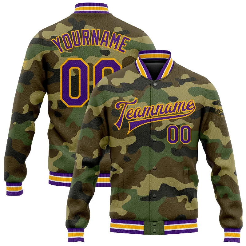 Insulated Down Jacket for Ultimate Warmth-Custom Camo Purple-Gold Bomber Full-Snap Varsity Letterman Salute To Service Jacket