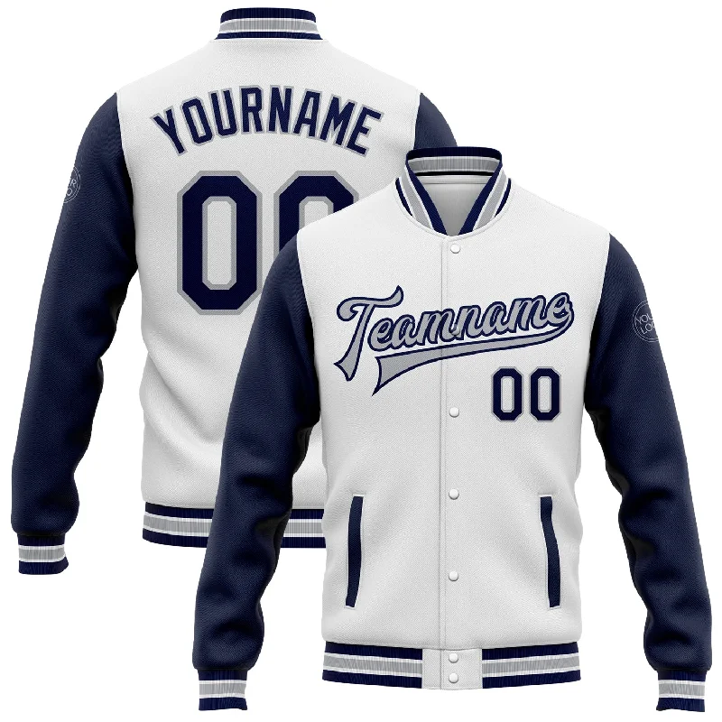 Trendy Velvet Jacket for Elegant Winter Fashion-Custom White Navy-Gray Bomber Full-Snap Varsity Letterman Two Tone Jacket