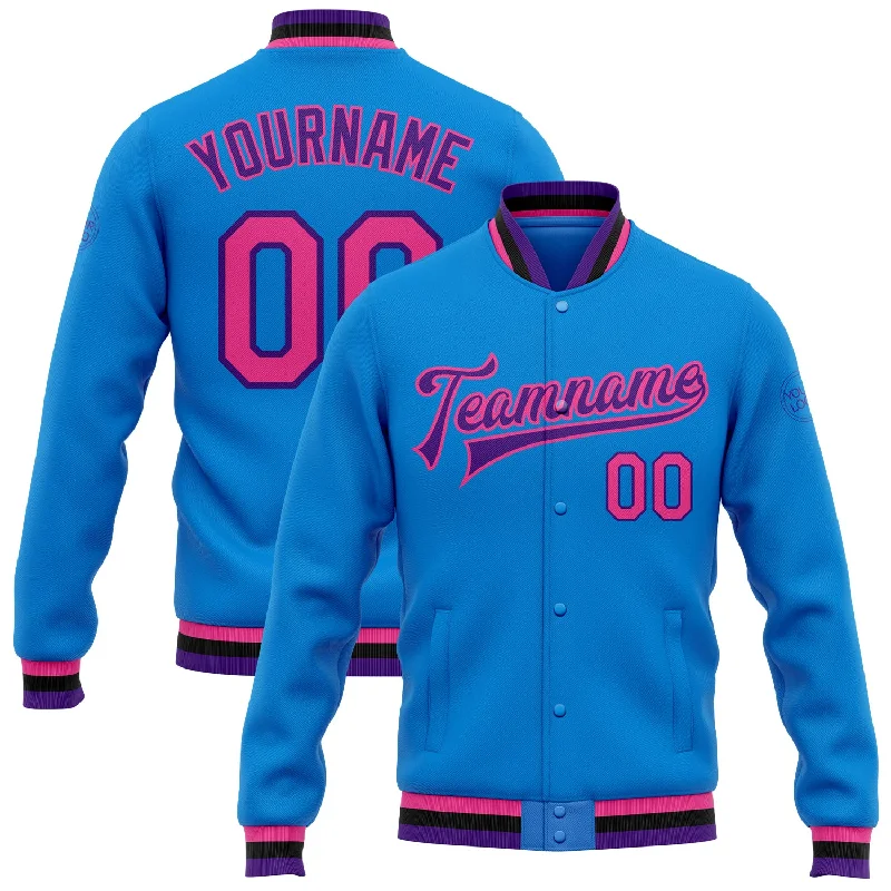 Warm Fleece Jacket for Layering-Custom Powder Blue Pink Purple-Black Bomber Full-Snap Varsity Letterman Jacket