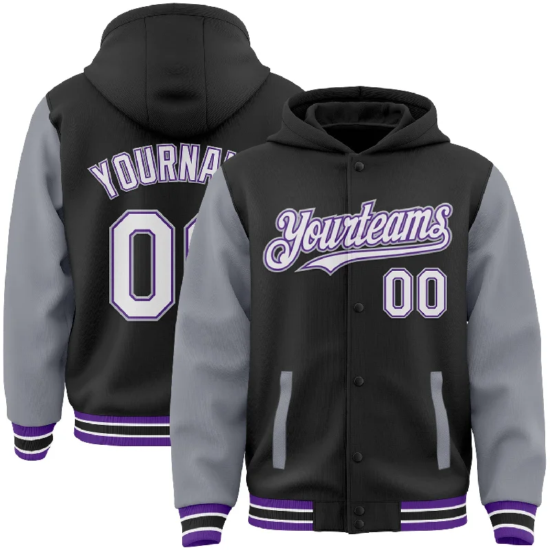 Soft and Comfy Hoodie for Chill Days-Custom Black Gray-Purple Bomber Full-Snap Varsity Letterman Two Tone Hoodie Jacket