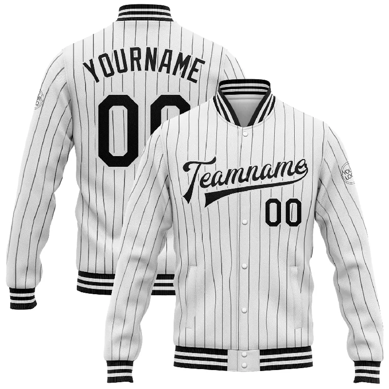 Chic Blazer Jacket for Business and Casual Looks-Custom White Black Pinstripe Black Bomber Full-Snap Varsity Letterman Jacket