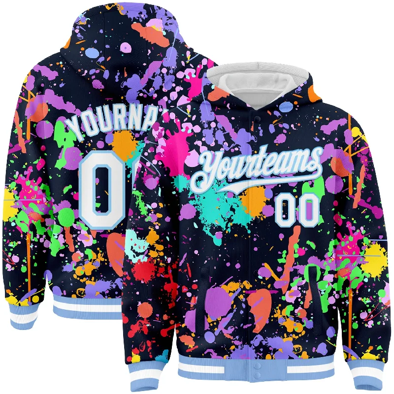 Stylish Zip-Up Hoodie for Trendy Outfits-Custom Graffiti Pattern White-Light Blue Splash 3D Bomber Full-Snap Varsity Letterman Hoodie Jacket