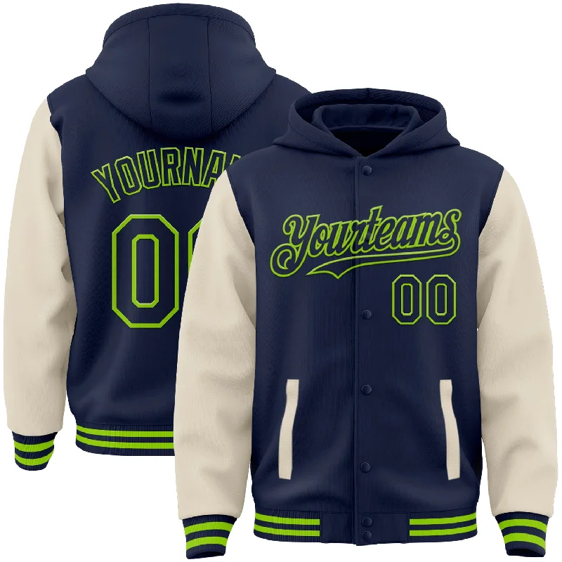 Cozy Hoodie for Relaxing at Home-Custom Navy Cream-Neon Green Bomber Full-Snap Varsity Letterman Two Tone Hoodie Jacket