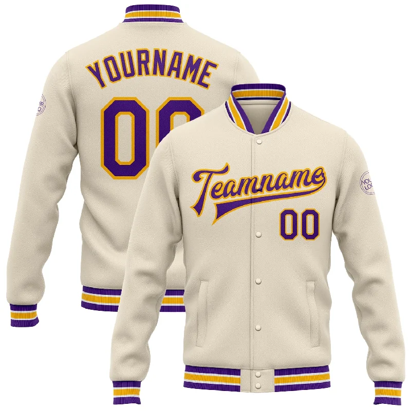 Trendy Camouflage Jacket for Casual Vibes-Custom Cream Purple-Gold Bomber Full-Snap Varsity Letterman Jacket