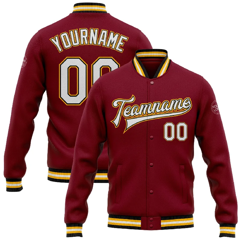 Classic Peacoat Jacket for Elegant Style-Custom Crimson White Black-Gold Bomber Full-Snap Varsity Letterman Jacket