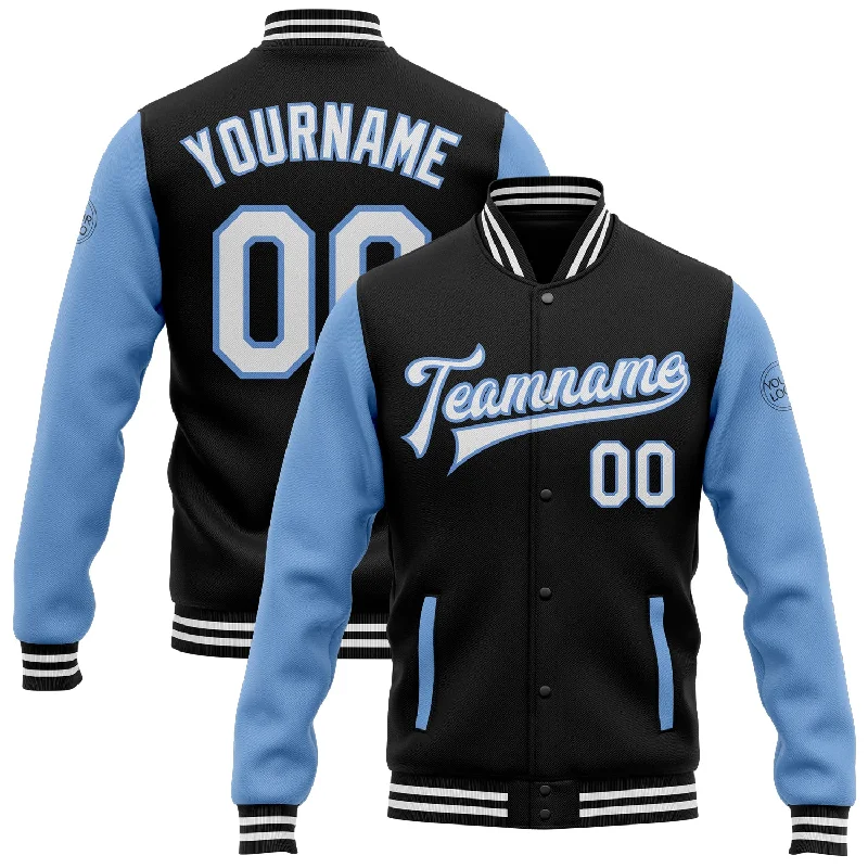 Breathable Mesh Jacket for Warm Weather-Custom Black White-Light Blue Bomber Full-Snap Varsity Letterman Two Tone Jacket