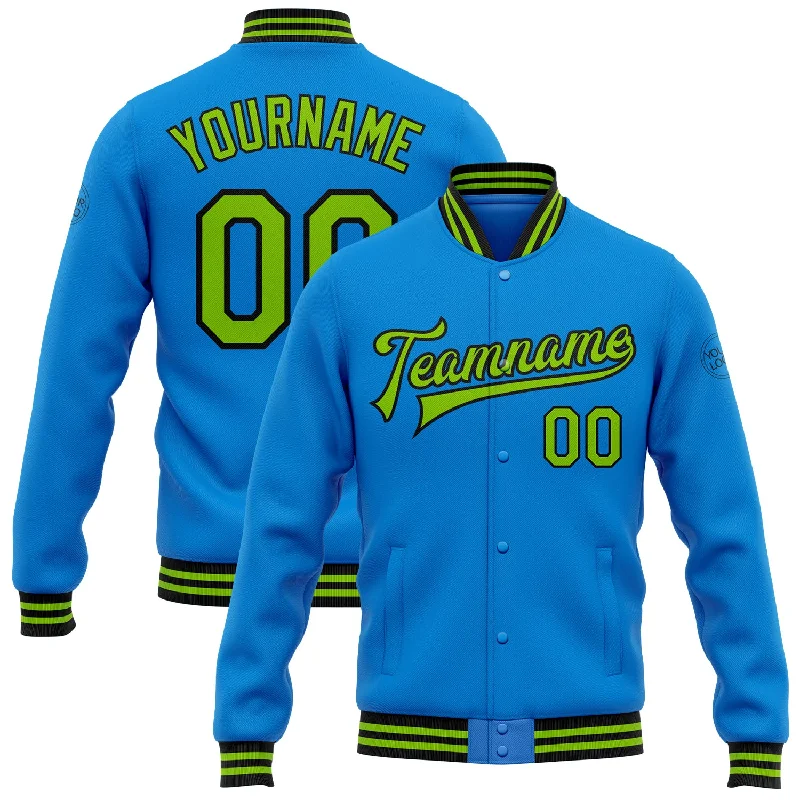 Waterproof Outdoor Jacket for Wet Conditions-Custom Powder Blue Neon Green-Black Bomber Full-Snap Varsity Letterman Jacket