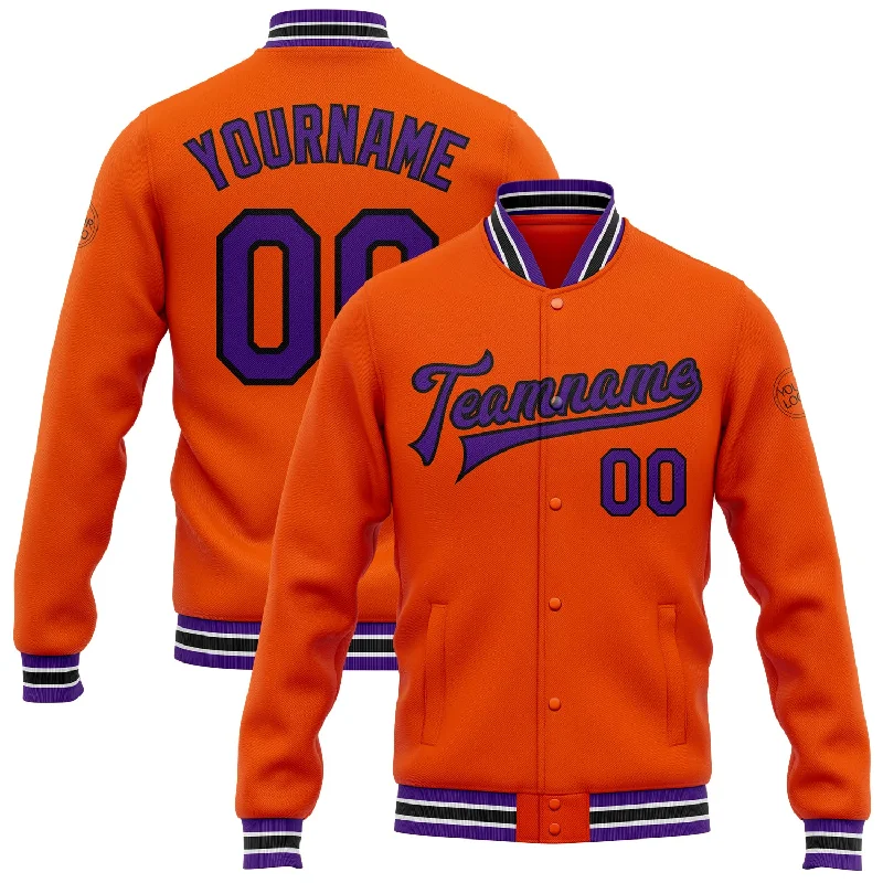 Lightweight Soft-Shell Windbreaker for Sports-Custom Orange Purple-Black Bomber Full-Snap Varsity Letterman Jacket