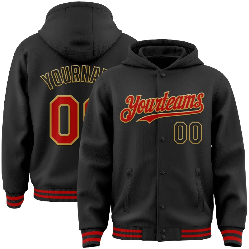 Athletic Hoodie for Active Wear-Custom Black Red-Old Gold Bomber Full-Snap Varsity Letterman Hoodie Jacket