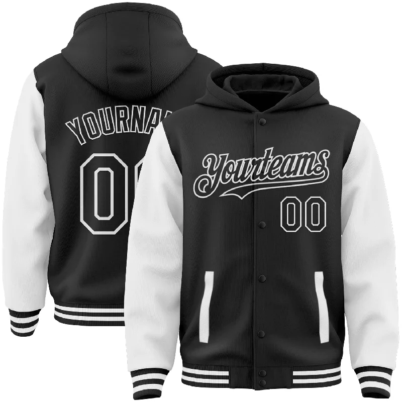 Lightweight Hoodie for Spring and Fall-Custom Black White Bomber Full-Snap Varsity Letterman Two Tone Hoodie Jacket