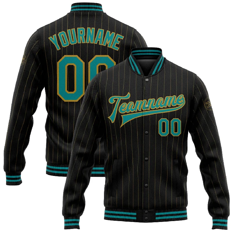 Insulated Ski Jacket for Winter Sports-Custom Black Old Gold Pinstripe Teal Bomber Full-Snap Varsity Letterman Jacket