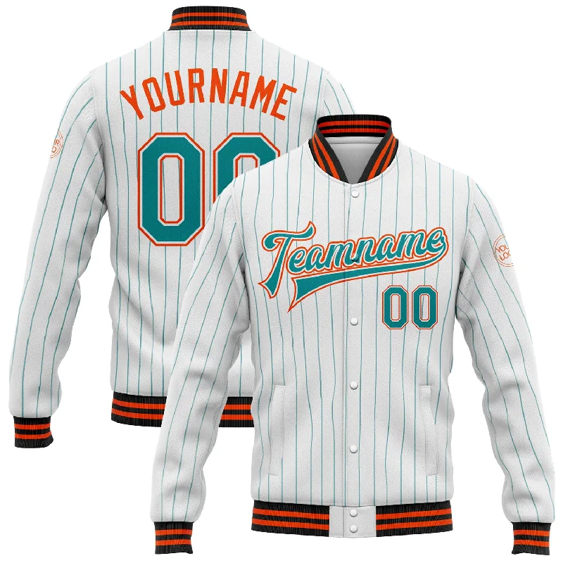 Fashionable Corduroy Jacket for Vintage Style-Custom White Teal Pinstripe Orange-Black Bomber Full-Snap Varsity Letterman Jacket