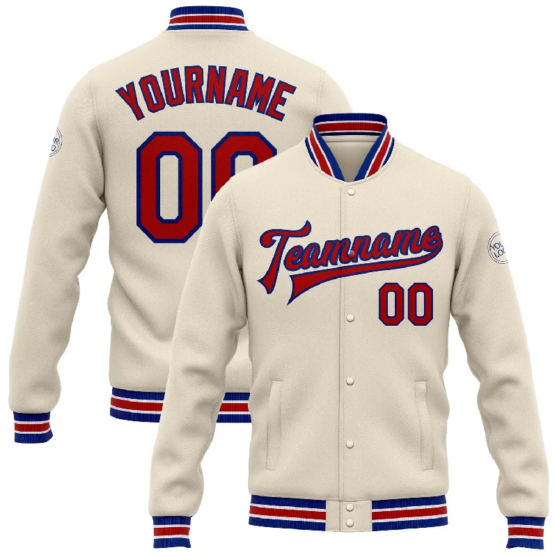 Sleek Performance Jacket for Active Lifestyles-Custom Cream Red-Royal Bomber Full-Snap Varsity Letterman Jacket