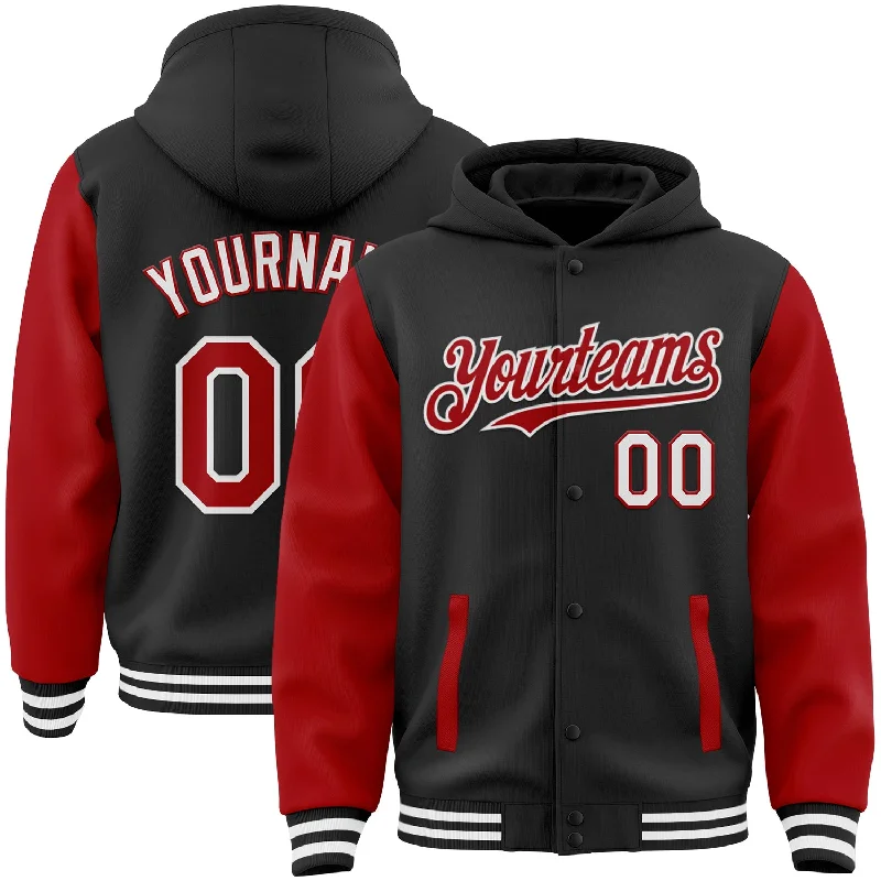 Warm Hoodie for Camping and Hiking-Custom Black Red-White Bomber Full-Snap Varsity Letterman Two Tone Hoodie Jacket