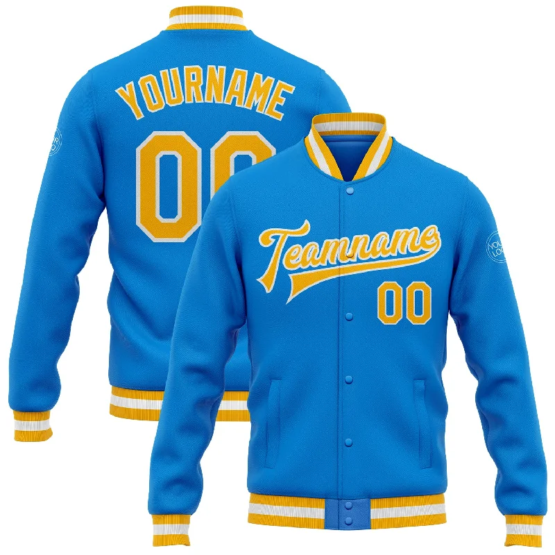 Breathable Mesh Jacket for Warm Weather-Custom Powder Blue Gold-White Bomber Full-Snap Varsity Letterman Jacket