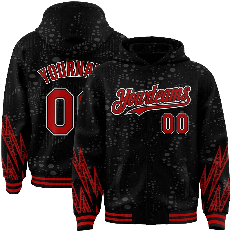 Soft Hoodie for After Gym Comfort-Custom Black Red-White Geometric Shape 3D Pattern Design Bomber Full-Snap Varsity Letterman Hoodie Jacket